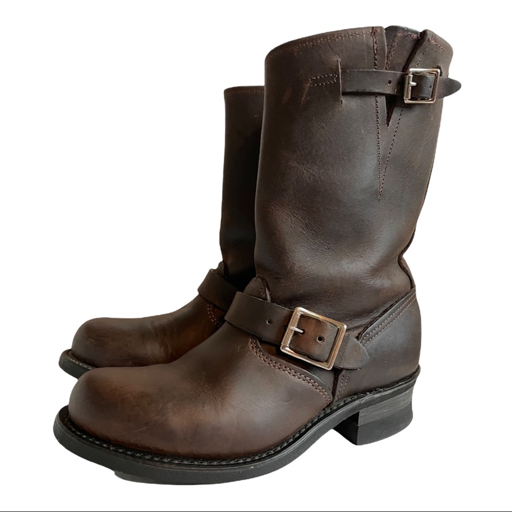 Frye Gaucho Engineer 12 R Brown Oiled Leather Buckle Boots Booties